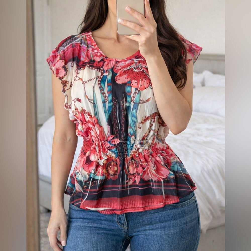 Y2K Floral Sheer Blouse Lined Women M Floral Rhinestone Elastic Waist Boho Fairy